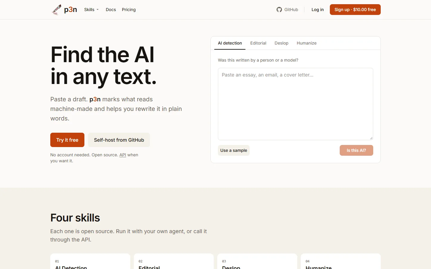 p3n.si after the redesign: a short sans-serif headline, Find the AI in any text, with Try it free and Self-host from GitHub buttons, next to the AI detection tool.