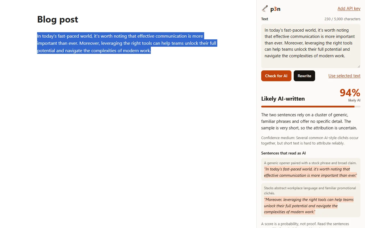 p3n's side panel in Chrome next to a blog post with a paragraph selected: Likely AI-written, 94%, with the two sentences that read as AI.