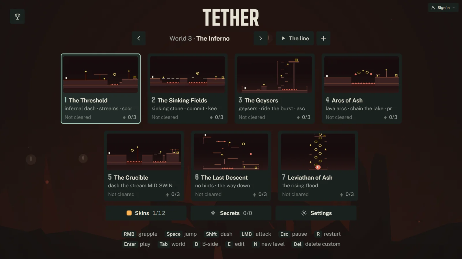 TETHER’s level select for World 3, The Inferno: seven level cards with minimaps, plus skins, secrets, settings and the control keys.