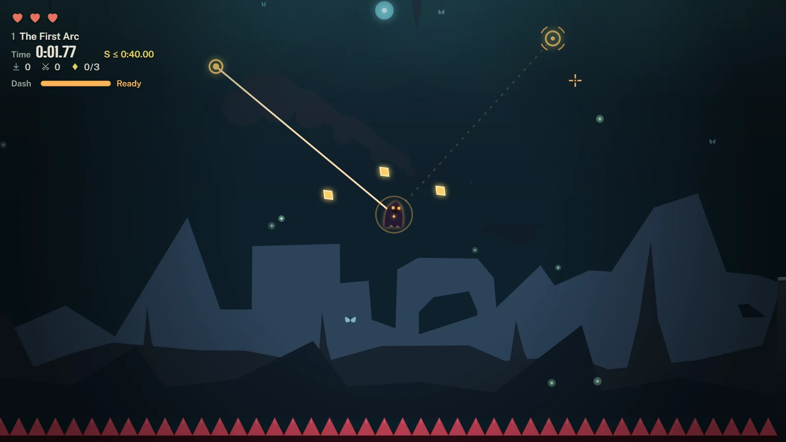 TETHER, level one: the hooded player swings on a rope from a grapple ring over a spike pit, coins ahead and the next ring locked on, with hearts, timer, S-rank target and dash meter in the corner.