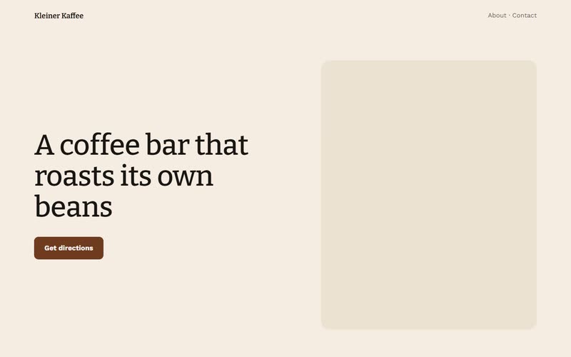 Warm: the café’s line in a soft serif on cream, beside a frame for its own picture.