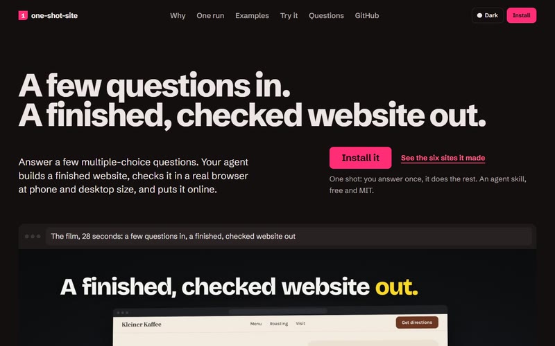 Now: the page’s first screen today in its dark scheme, with the headline, the Install button and the film under them.