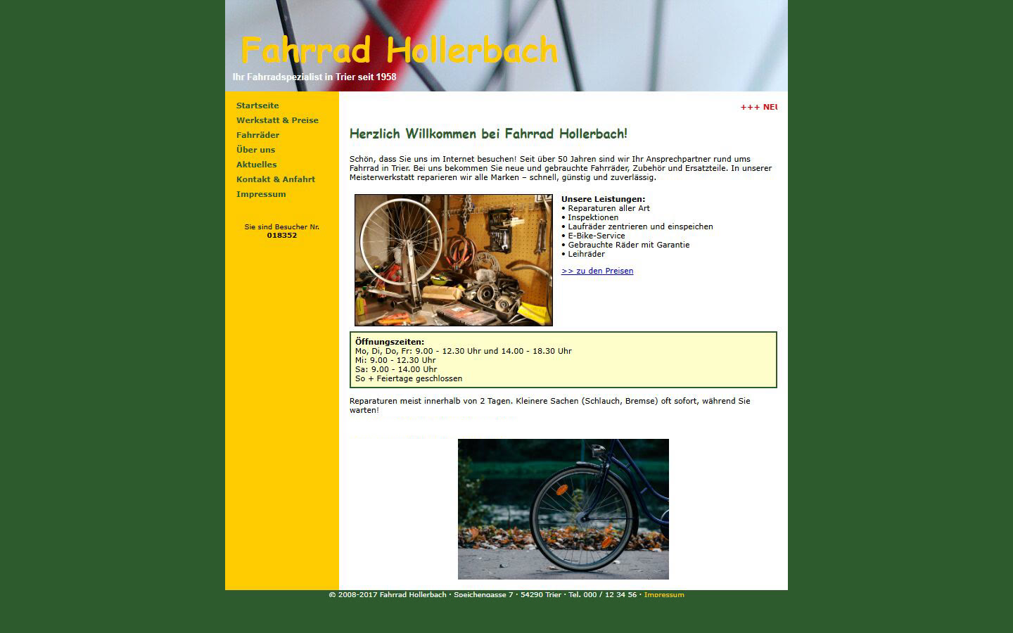 Before: the workshop's site from 2008, a yellow menu column and a banner in a comic-book font.