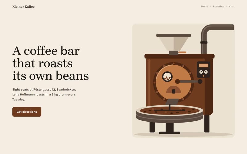 Idea A, the roaster on Röstergasse: the headline beside a large drawing of the drum roaster.