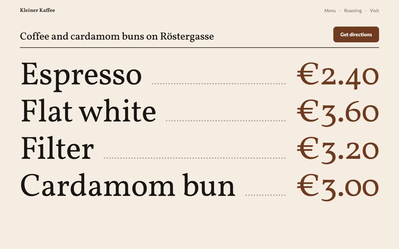 Idea B, the board over the counter: the four lines of the menu and their prices, large.