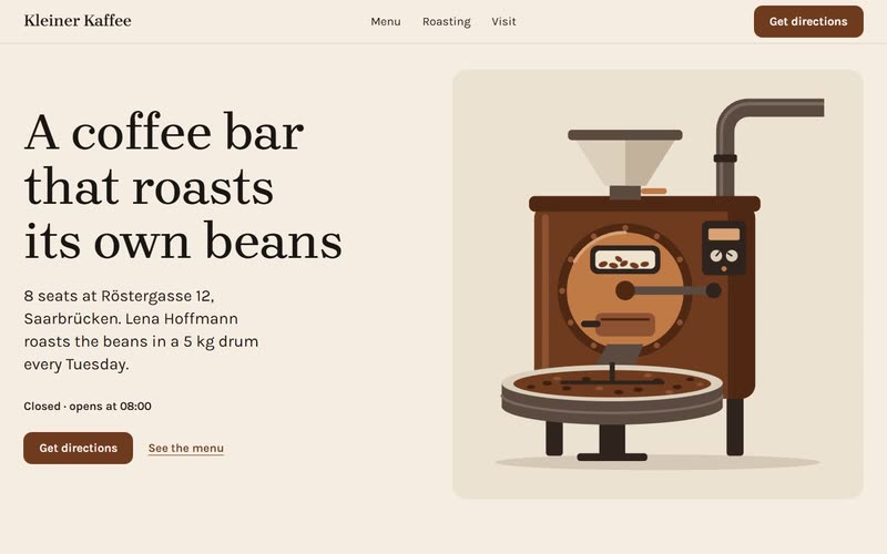 First screen A: the headline, the opening hours and the button on the left, the drum roaster drawn large on the right.