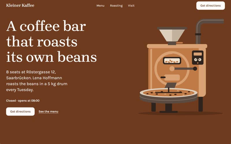 First screen C: the headline in cream on a roast-brown field, the roaster beside it.