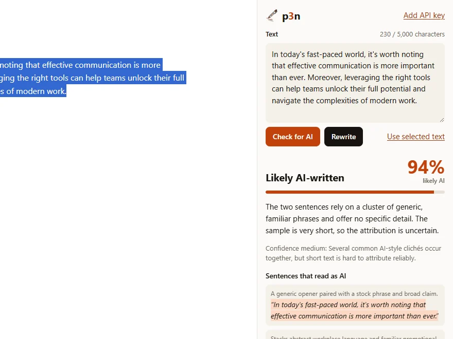 p3n's side panel in Chrome next to a blog post: Likely AI-written, 94%, with the two sentences that read as AI.