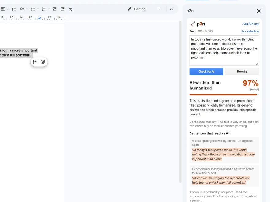 The p3n sidebar in Google Docs: AI-written, then humanized, 97% likely AI, with the sentences that read as AI.