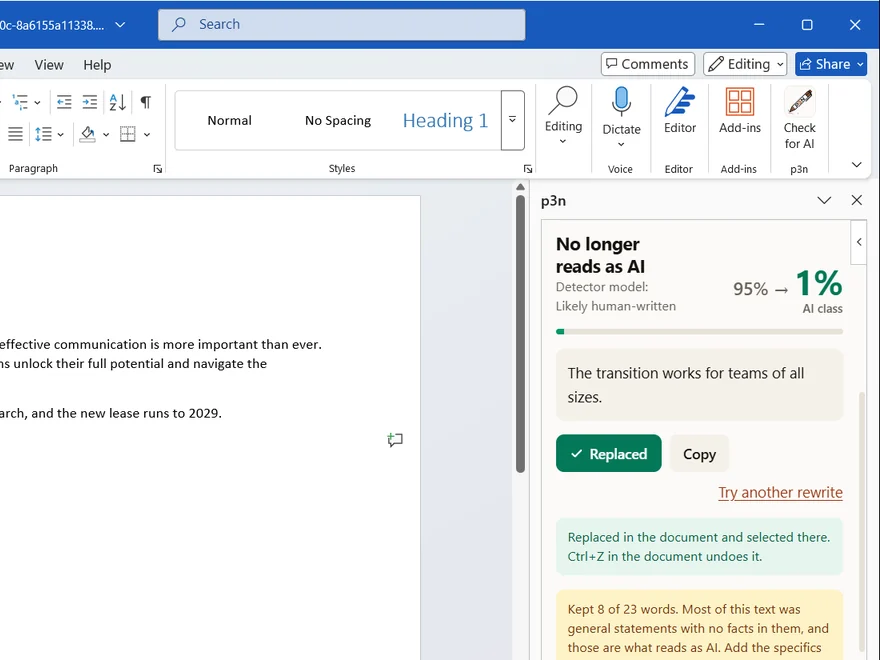 p3n in Word: the Check for AI button on the Home tab, and the p3n pane after a rewrite, No longer reads as AI, 95% to 1%, with the rewrite replaced in the document.